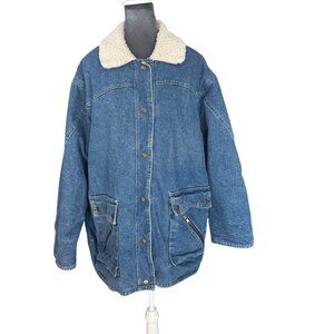 Dani Colby Vintage Blue Denim Jacket With Sherpa Collar Snap Buttons & Plaid Lin